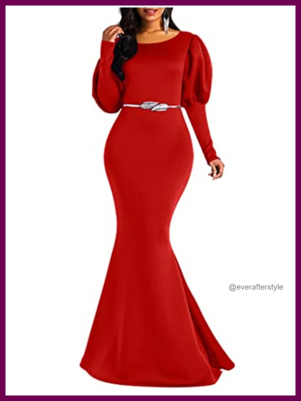 Elegant Long Puff Sleeve Crew Neck Bodycon Mermaid Evening Gown Maxi Dress